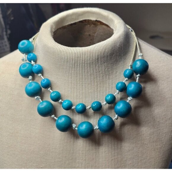 Teal Wooden Beaded Necklace Double Layer Design Manitee Length - Picture 3 of 5